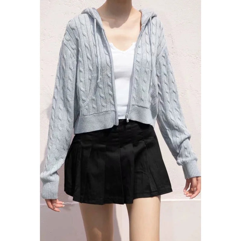 Women'S Long Sleeve Knitted Crop Sweater Autumn Zipper Cardigan Girls Brandy Mandy Style Top