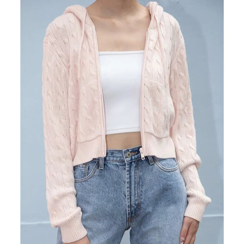 Women'S Long Sleeve Knitted Crop Sweater Autumn Zipper Cardigan Girls Brandy Mandy Style Top
