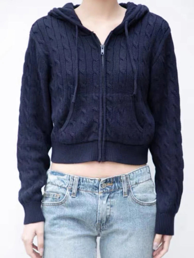 Women'S Long Sleeve Knitted Crop Sweater Autumn Zipper Cardigan Girls Brandy Mandy Style Top