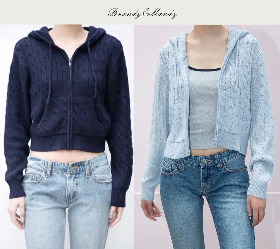 Women'S Long Sleeve Knitted Crop Sweater Autumn Zipper Cardigan Girls Brandy Mandy Style Top