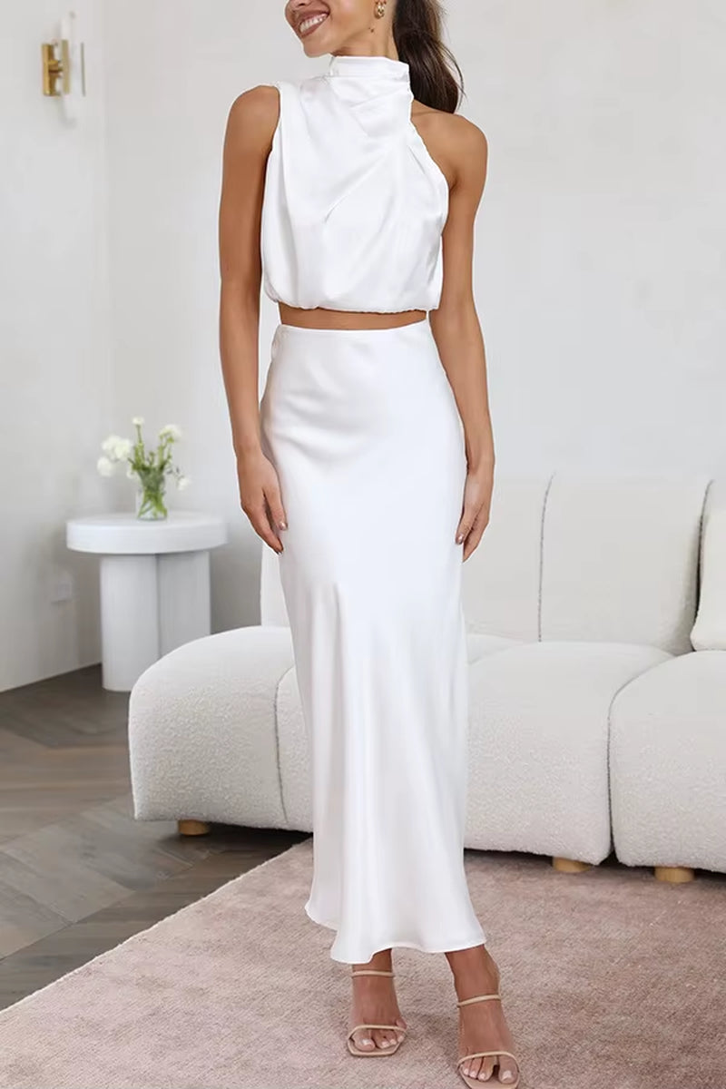 Satin Elegance: Women’s Two-Piece Sleeveless Long Skirt Set
