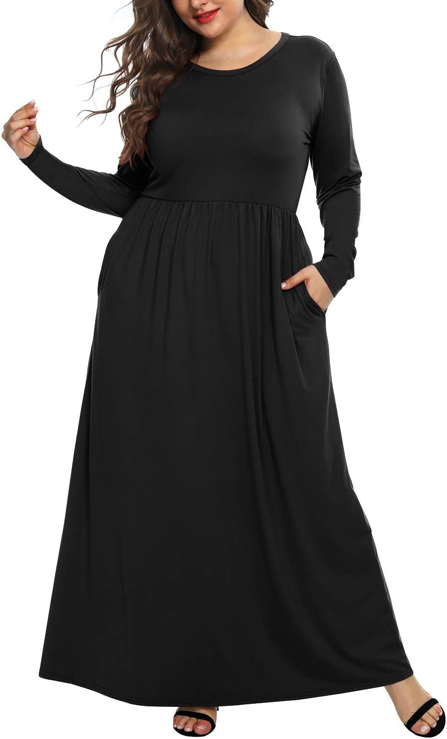 Women'S plus Size Long Sleeve Loose Plain Casual Long Maxi Dresses with Pockets