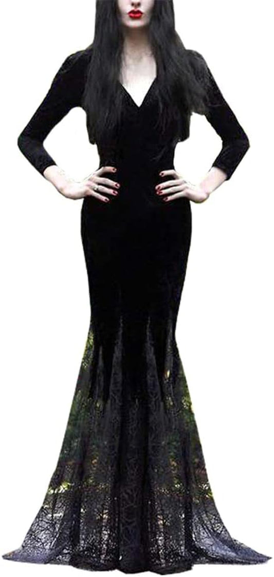 Women Maxi Dress V Collar Black Lace Dress Long Sleeve Party Gown Female Autumn Elegant Vestidos Lapel Rope High Waist Dress